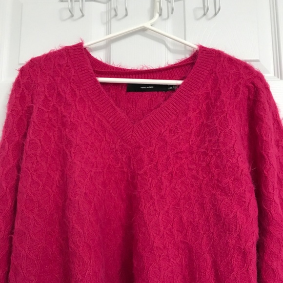 VERO MODA Fuzzy Chic Sweater Top Blouse XL Magenta Pink V-Neckline Long Sleeve - Picture 3 of 8
